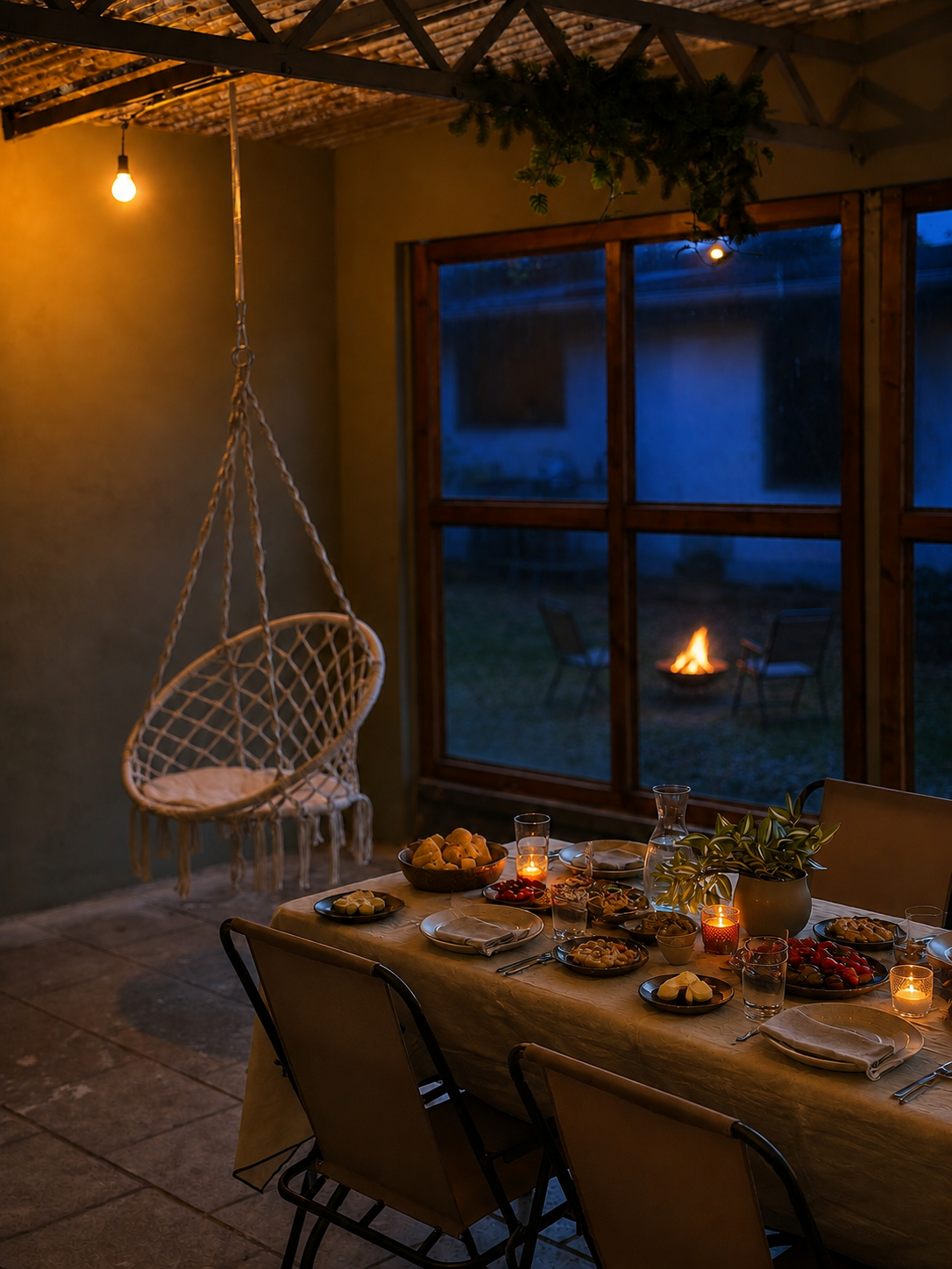 Mediterran gedeckter Tisch im Wintergarten bei Abenddämmerung mit Feuerstelle im Garten.
